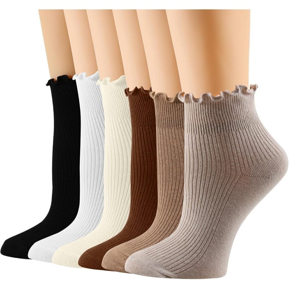 Multicolor Women’s Ruffle Socks 6 Pairs Cute Frilly Ankle Cotton Lettuce Crew